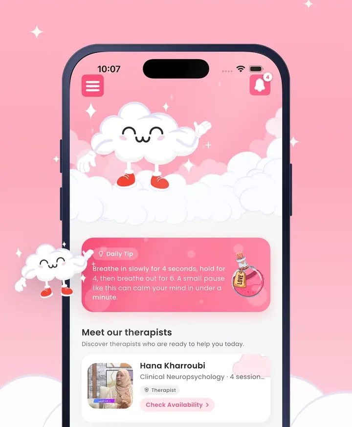 The Healu app home screen, with the Nimbus cloud and therapists to meet