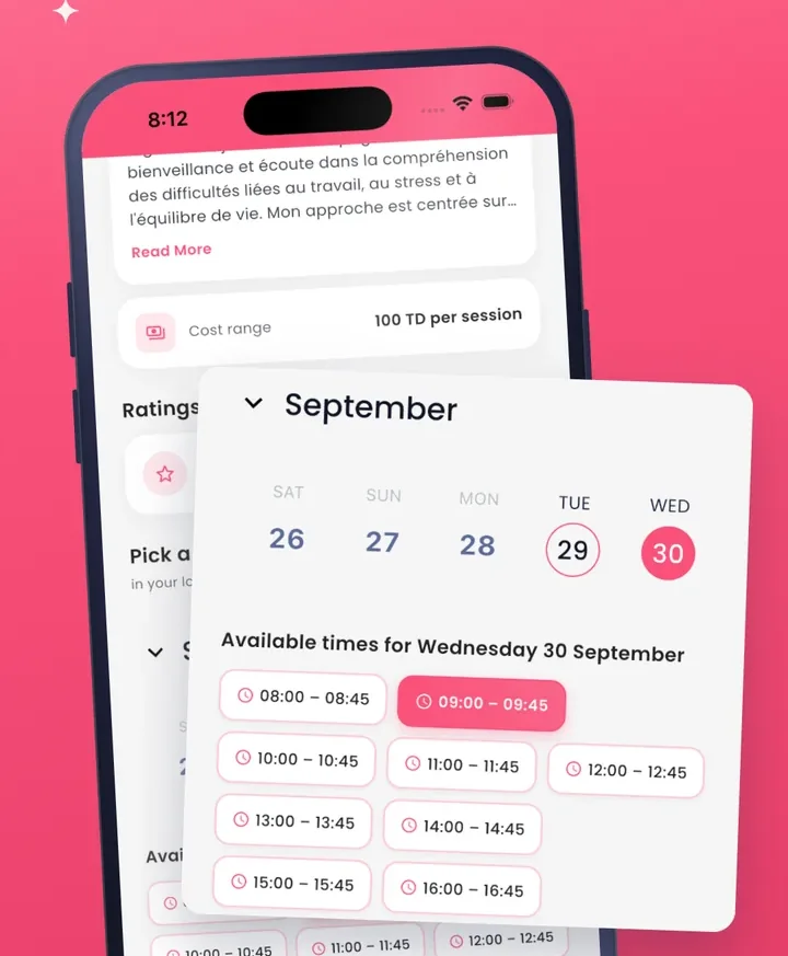 Choosing a day and time for a session in the Healu app