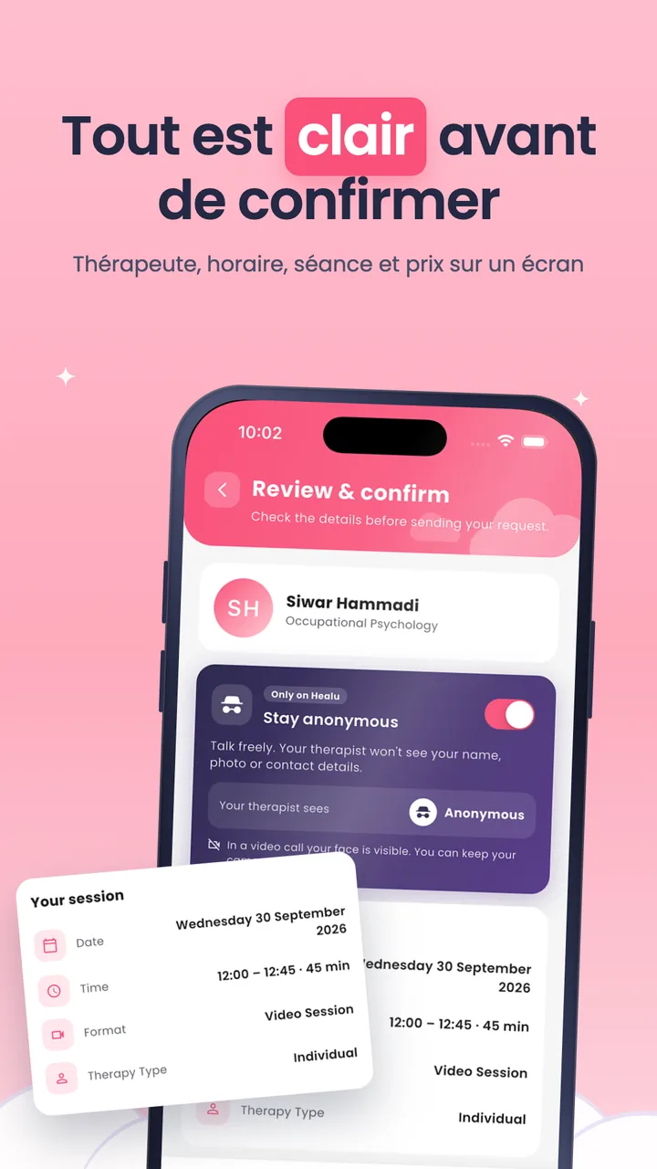 Tout est clair avant de confirmer. Thérapeute, horaire, séance et prix sur un écran